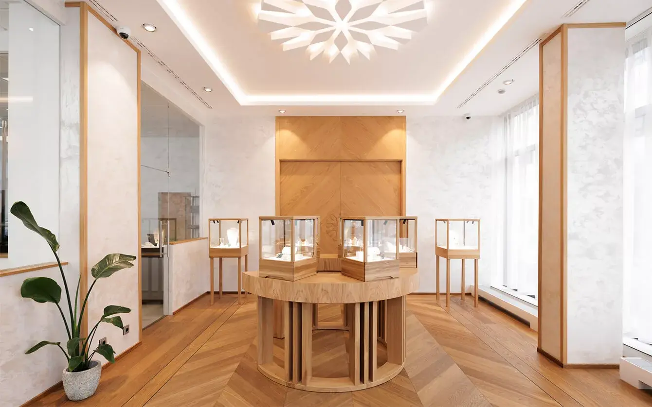 Luxusní interiér Showroomu Korbička šperky v Brně s exkluzivní dubovou podlahou položenou ve vzoru maďarského stromečku (chevron), která doplňuje dřevěné prodejní pulty a vitríny se šperky pod výrazným designovým stropním svítidlem ve tvaru hvězdy.
