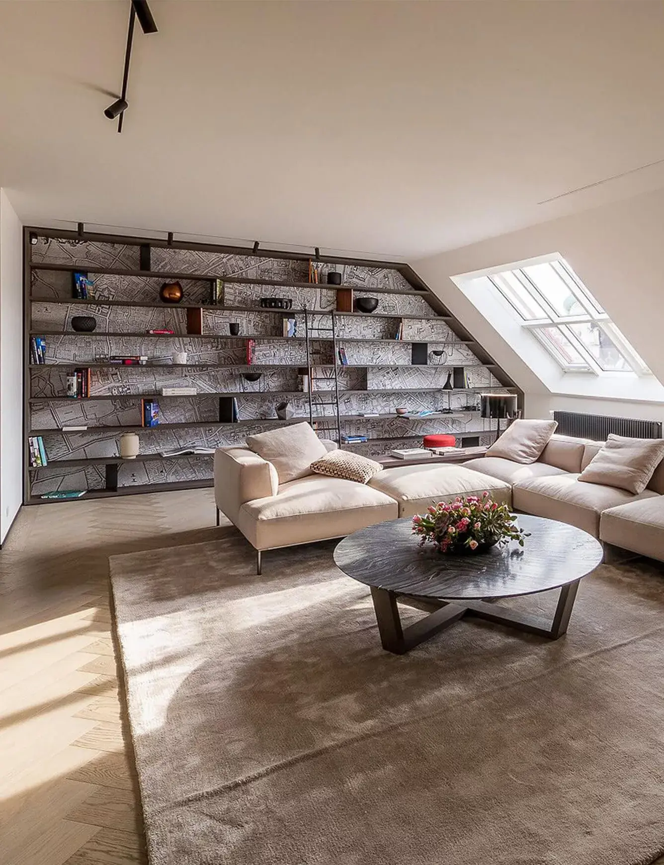Prosvětlený podkrovní obývací pokoj v pražském bytě od Ivanky Kowalski, kde dubovou podlahu Oakcent Premium Herringbone v šedém odstínu Quartzgrau doplňuje velká rohová sedací souprava, mramorový konferenční stolek a vestavná knihovna s mapovým podkladem na stěně.